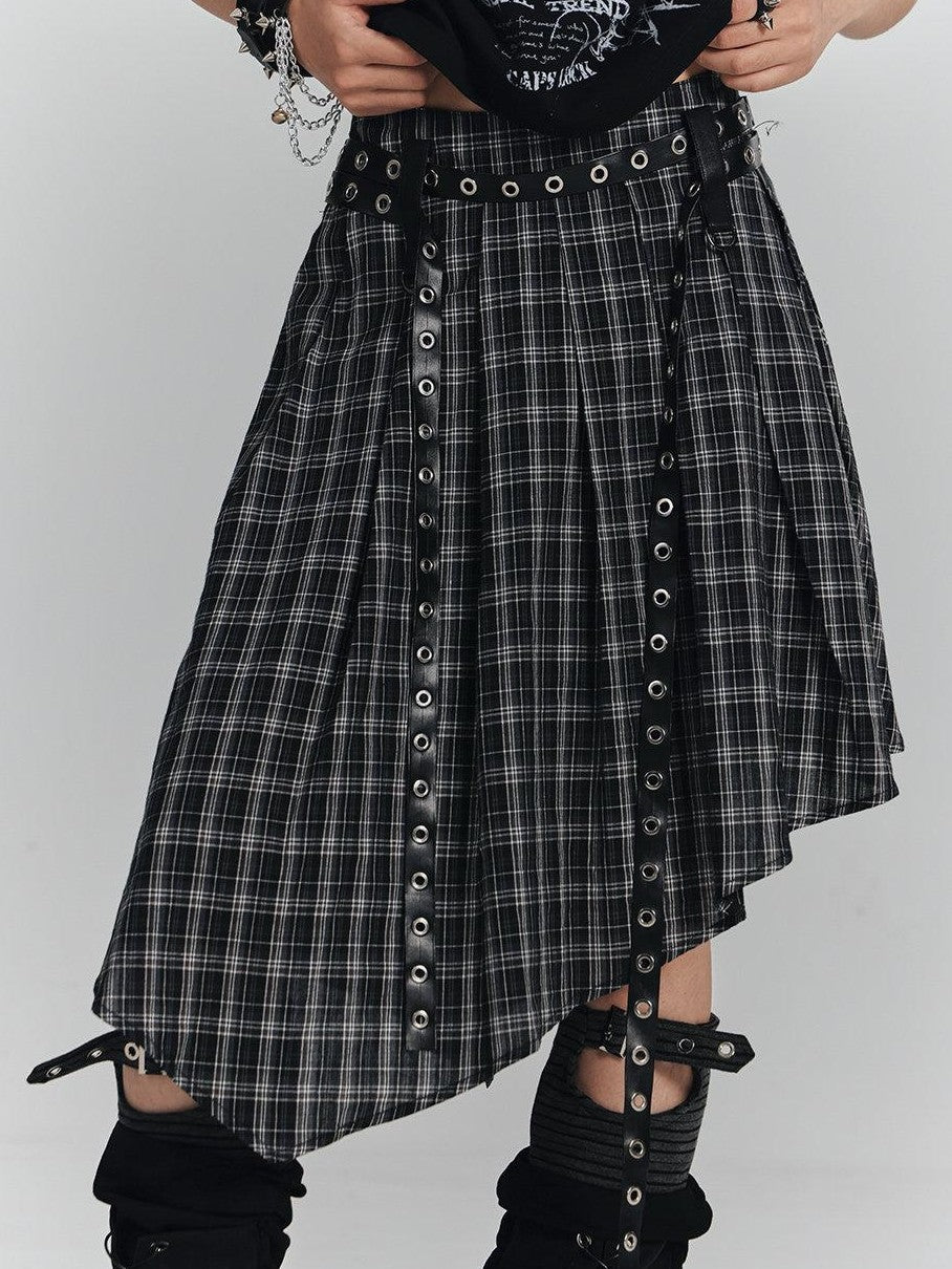 YUKAHOUSE Plaid Asymmetrical Gothic Punk High Waist Women's Cotton A-line Skirts