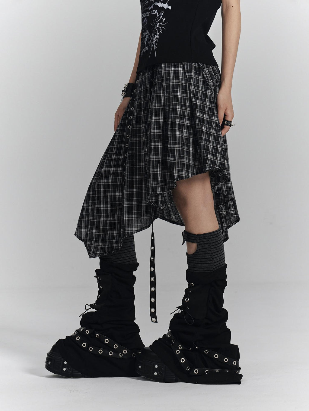 YUKAHOUSE Plaid Asymmetrical Gothic Punk High Waist Women's Cotton A-line Skirts