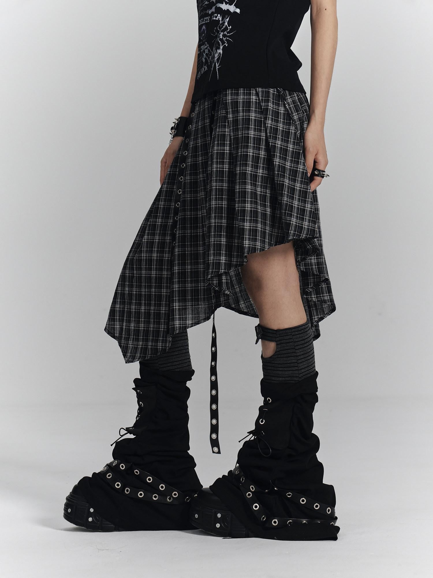YUKAHOUSE Plaid Asymmetrical Gothic Punk High Waist Women's Cotton A-line Skirts
