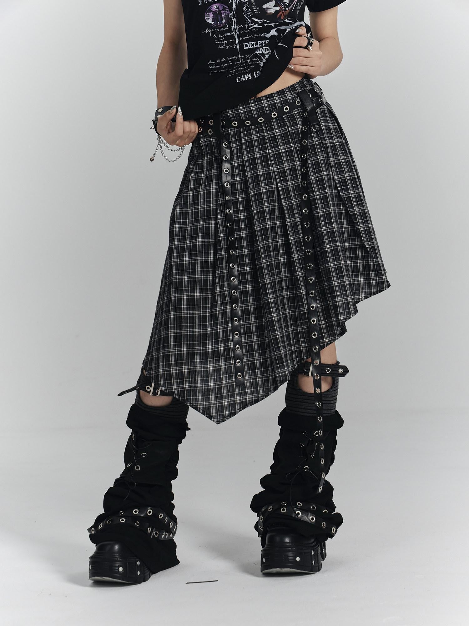 YUKAHOUSE Plaid Asymmetrical Gothic Punk High Waist Women's Cotton A-line Skirts