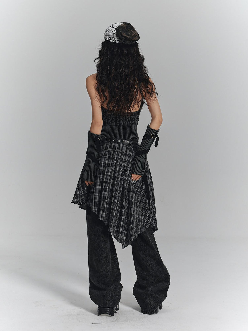 YUKAHOUSE Plaid Asymmetrical Gothic Punk High Waist Women's Cotton A-line Skirts