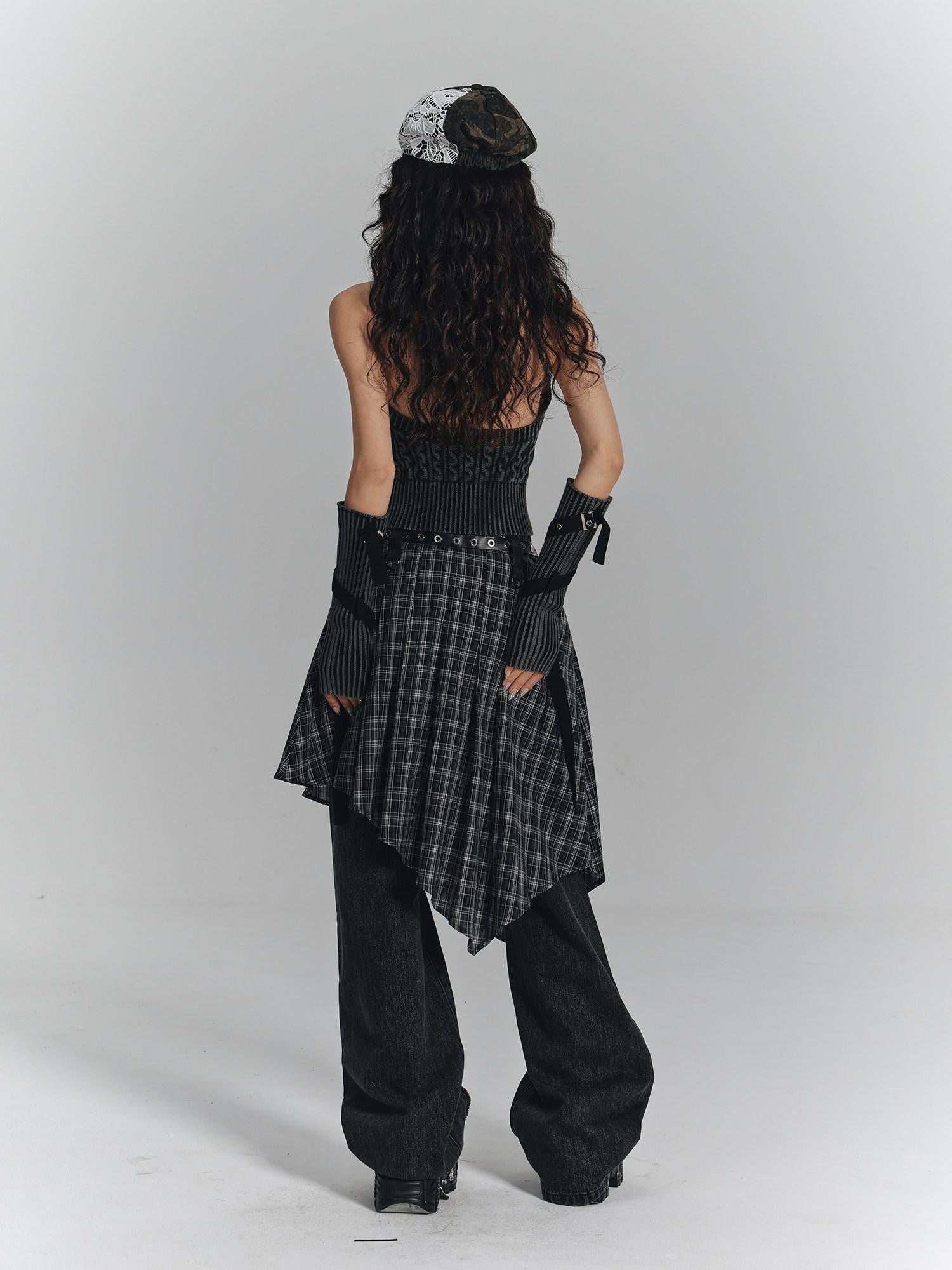 YUKAHOUSE Plaid Asymmetrical Gothic Punk High Waist Women's Cotton A-line Skirts