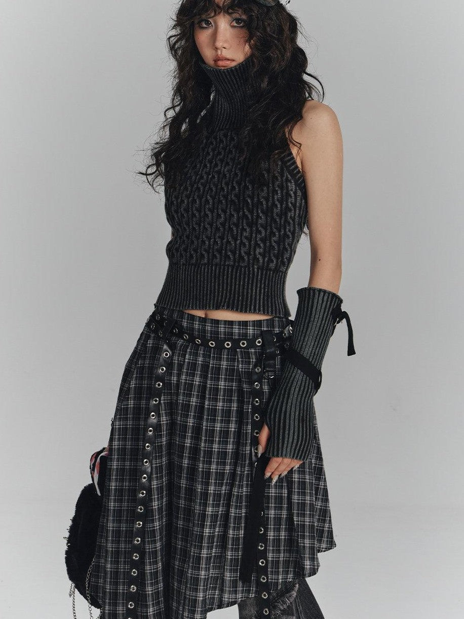 YUKAHOUSE Plaid Asymmetrical Gothic Punk High Waist Women's Cotton A-line Skirts