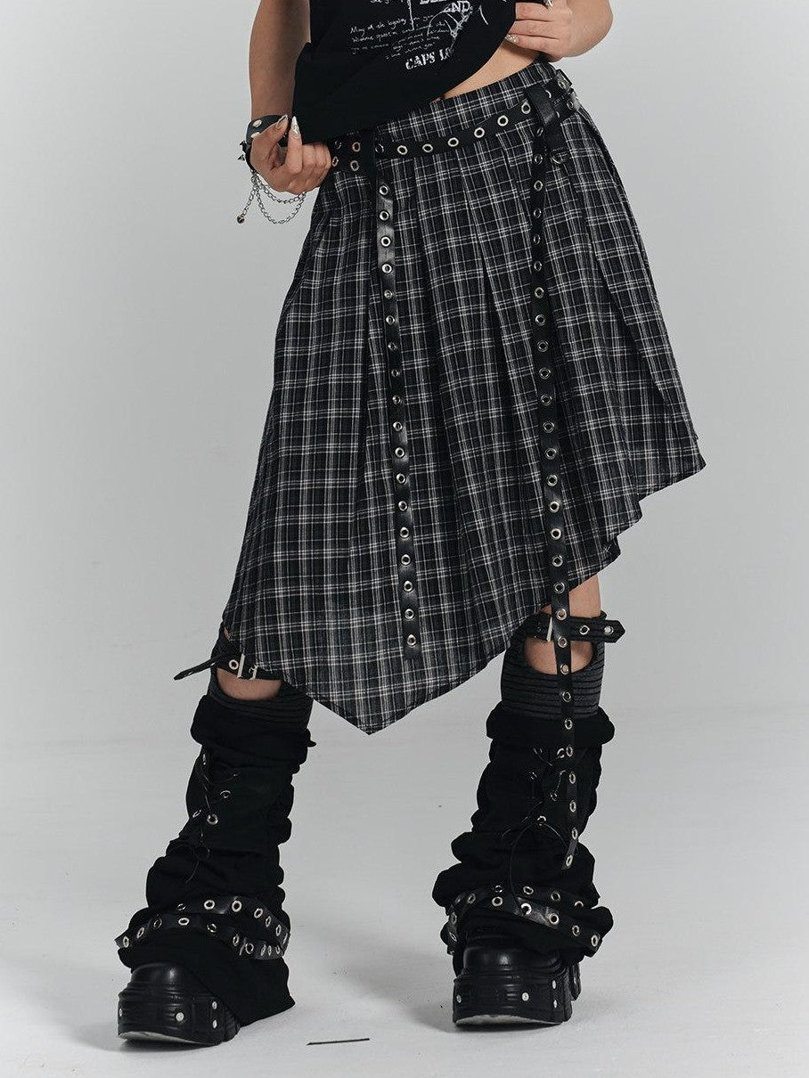 YUKAHOUSE Plaid Asymmetrical Gothic Punk High Waist Women's Cotton A-line Skirts