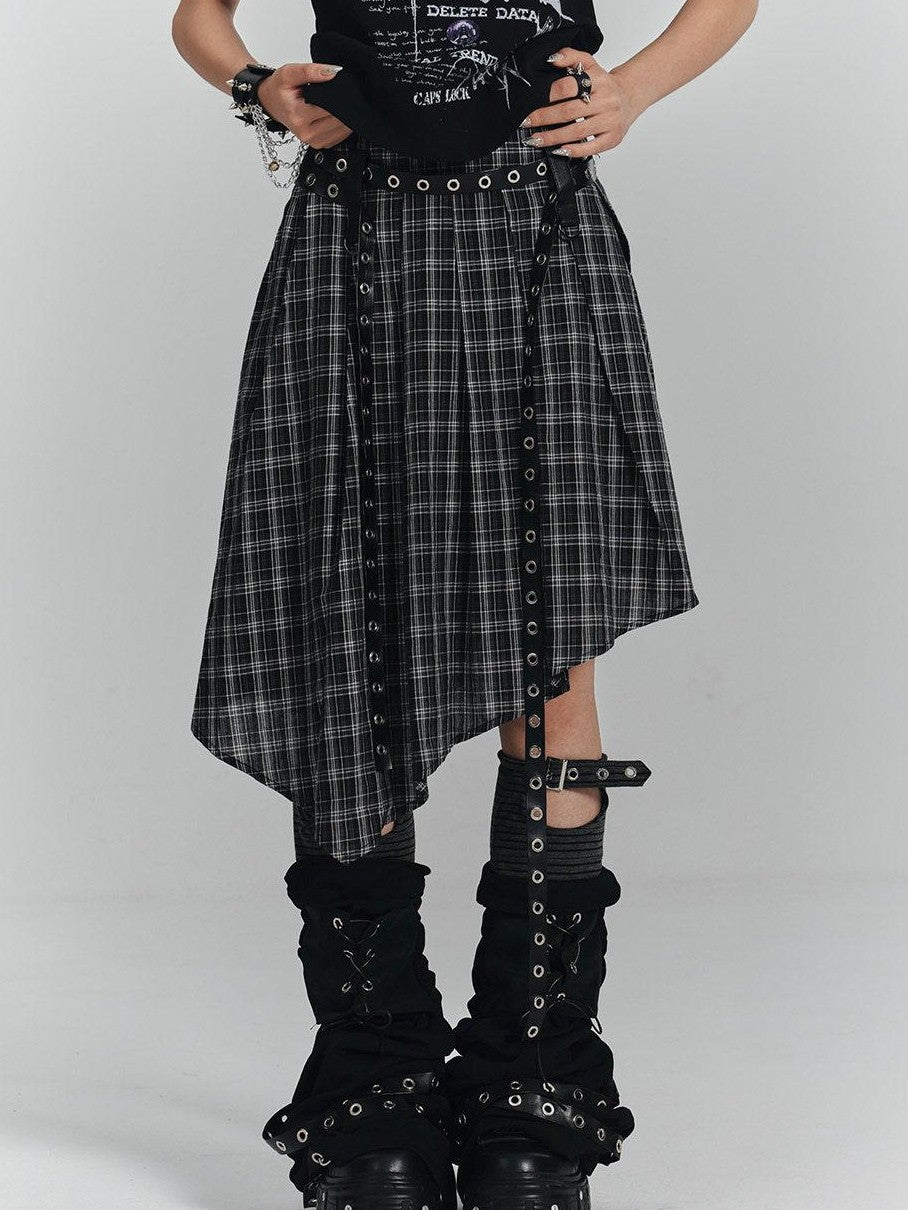 YUKAHOUSE Plaid Asymmetrical Gothic Punk High Waist Women's Cotton A-line Skirts
