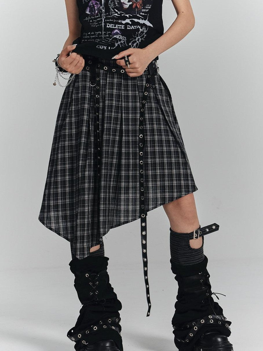 YUKAHOUSE Plaid Asymmetrical Gothic Punk High Waist Women's Cotton A-line Skirts