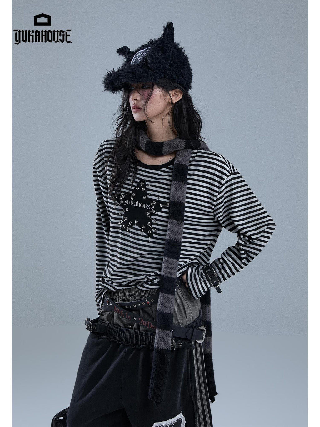 YUKAHOUSE Punk Pin Embroidered Striped Loose Fit Women's Poly Cotton Long Sleeve T-shirts