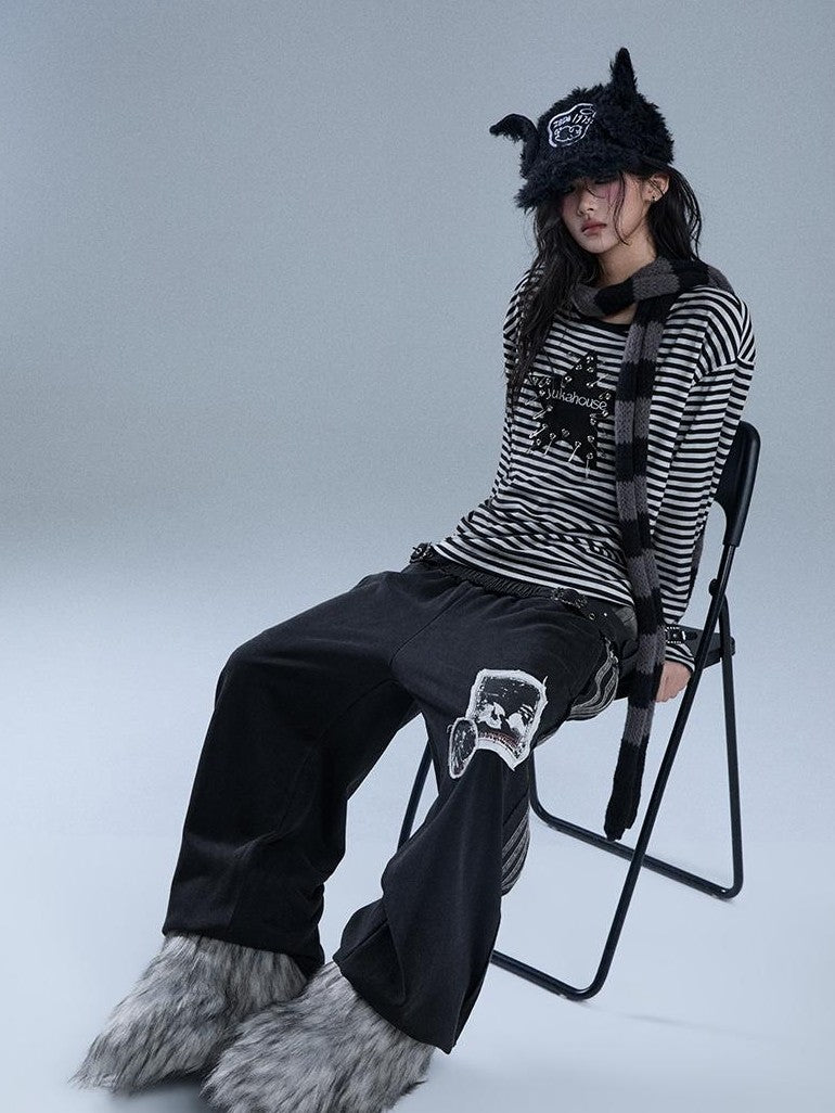 YUKAHOUSE Punk Pin Embroidered Striped Loose Fit Women's Poly Cotton Long Sleeve T-shirts