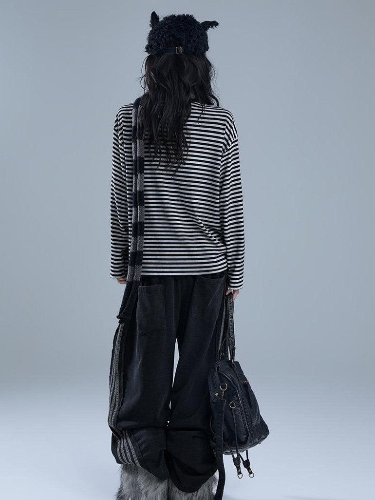 YUKAHOUSE Punk Pin Embroidered Striped Loose Fit Women's Poly Cotton Long Sleeve T-shirts