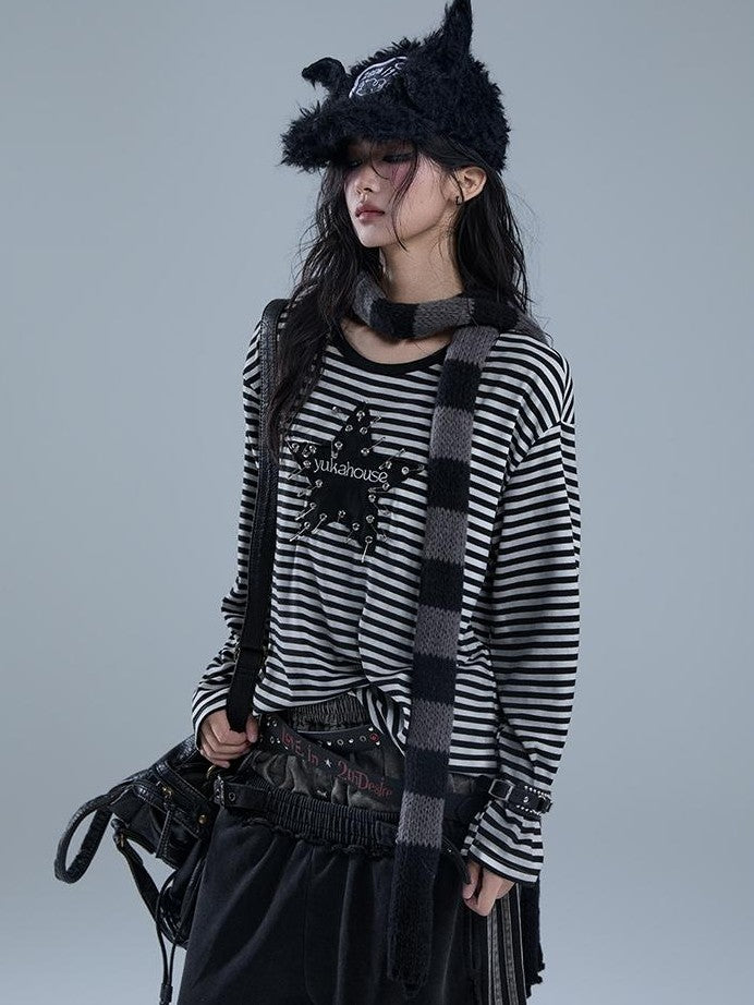 YUKAHOUSE Punk Pin Embroidered Striped Loose Fit Women's Poly Cotton Long Sleeve T-shirts