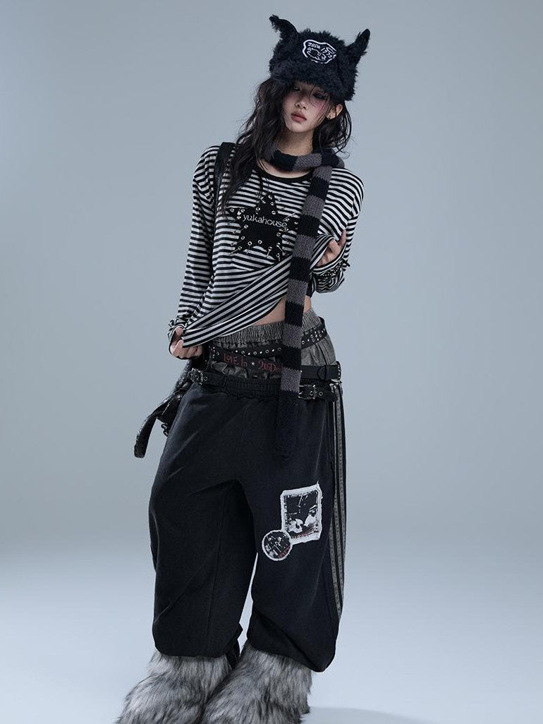 YUKAHOUSE Punk Pin Embroidered Striped Loose Fit Women's Poly Cotton Long Sleeve T-shirts