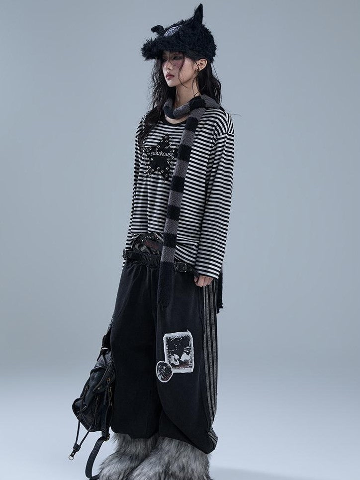 YUKAHOUSE Punk Pin Embroidered Striped Loose Fit Women's Poly Cotton Long Sleeve T-shirts