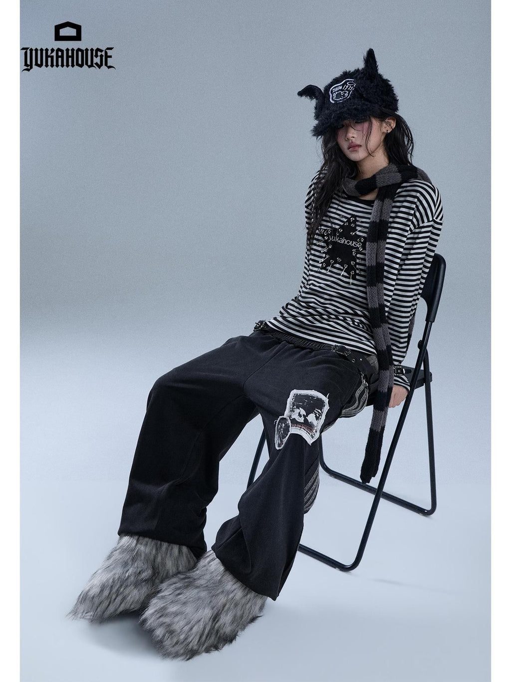 YUKAHOUSE Punk Pin Embroidered Striped Loose Fit Women's Poly Cotton Long Sleeve T-shirts