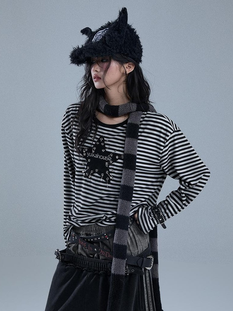 YUKAHOUSE Punk Pin Embroidered Striped Loose Fit Women's Poly Cotton Long Sleeve T-shirts