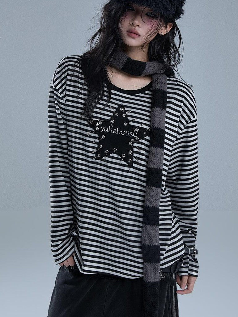 YUKAHOUSE Punk Pin Embroidered Striped Loose Fit Women's Poly Cotton Long Sleeve T-shirts