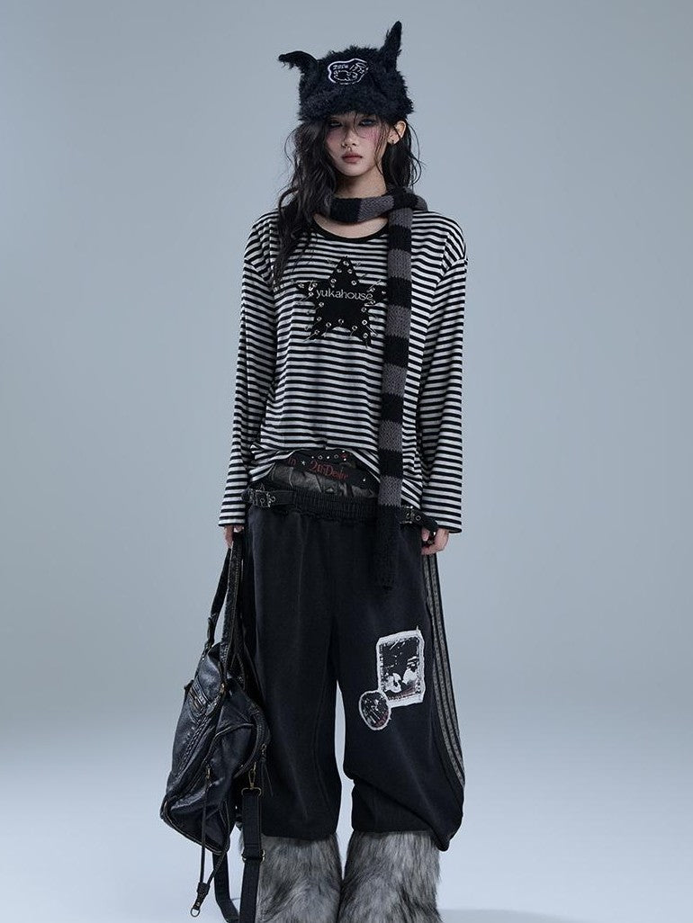 YUKAHOUSE Punk Pin Embroidered Striped Loose Fit Women's Poly Cotton Long Sleeve T-shirts