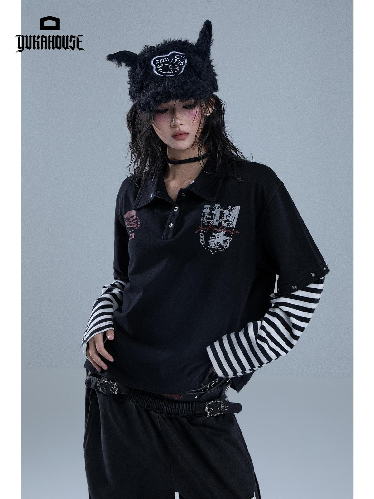 YUKAHOUSE Punk Y2k Skull Stripe Print Patchwork Removable Fur Collar Women's Cotton Long Sleeve T-shirts