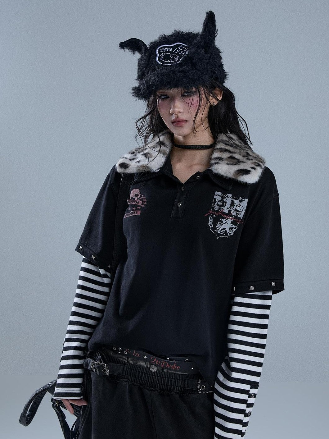 YUKAHOUSE Punk Y2k Skull Stripe Print Patchwork Removable Fur Collar Women's Cotton Long Sleeve T-shirts