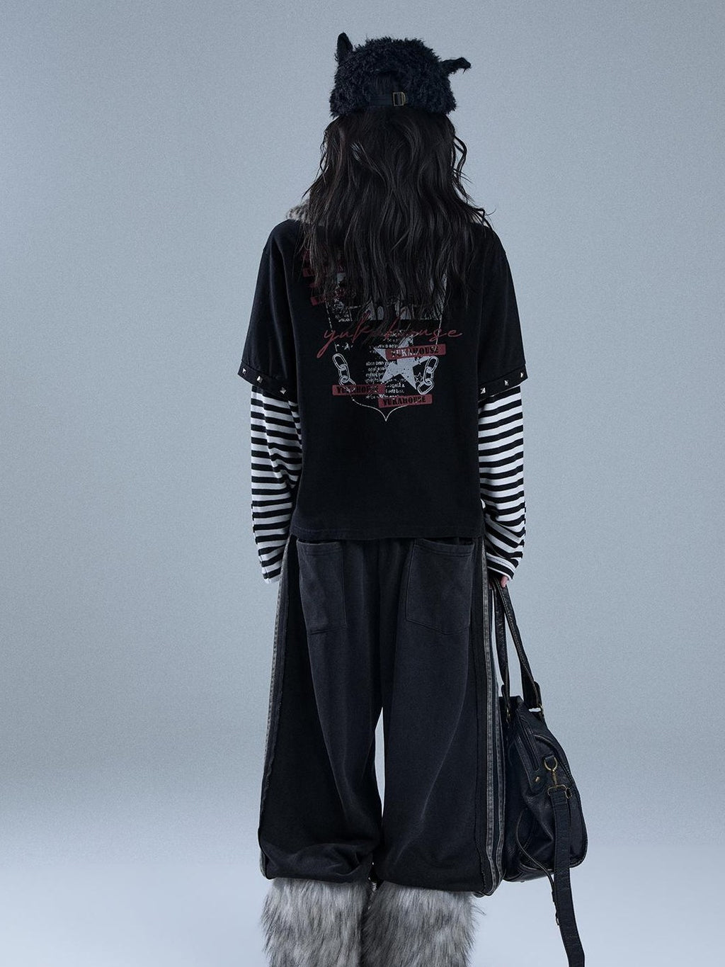 YUKAHOUSE Punk Y2k Skull Stripe Print Patchwork Removable Fur Collar Women's Cotton Long Sleeve T-shirts