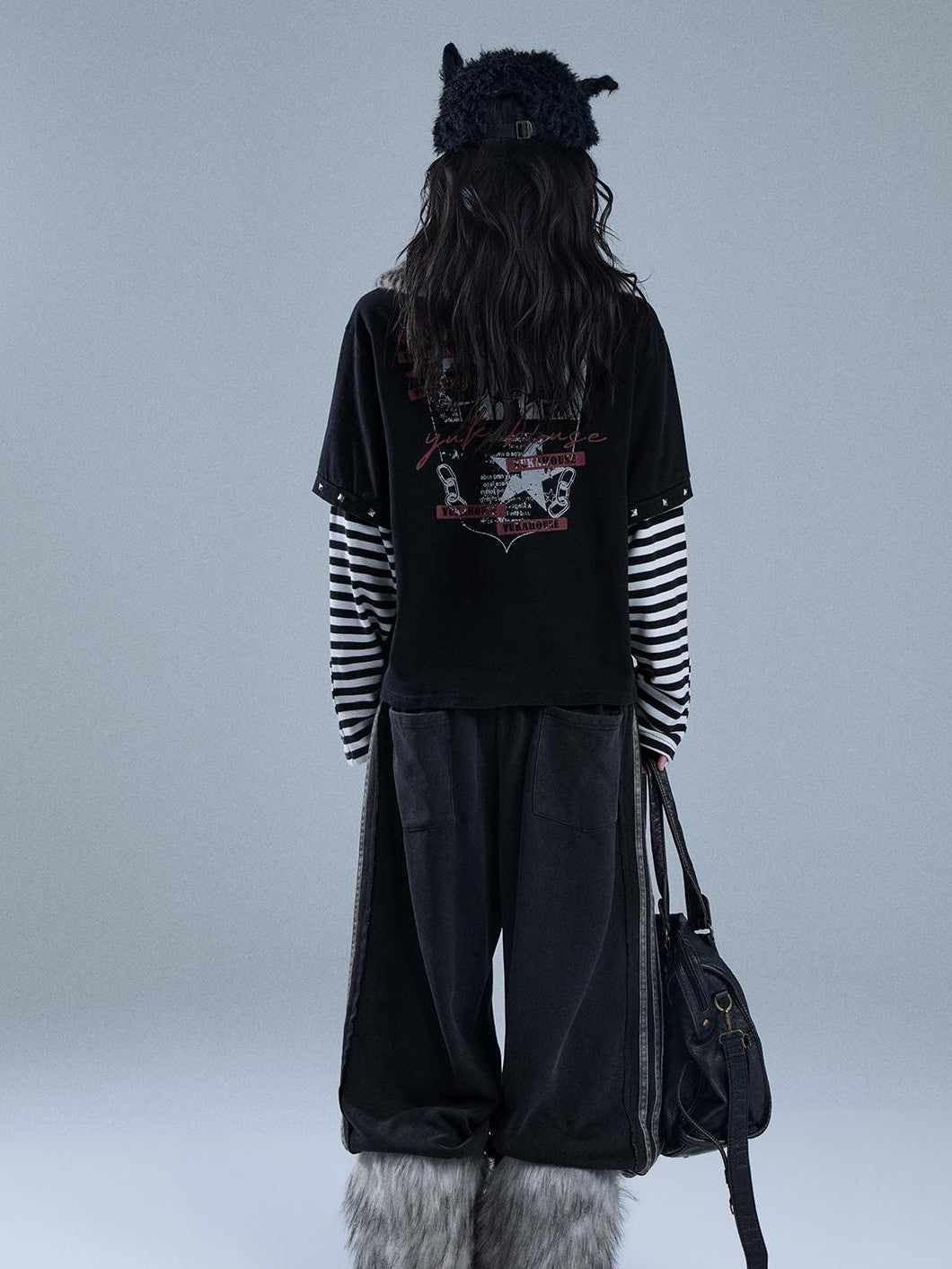 YUKAHOUSE Punk Y2k Skull Stripe Print Patchwork Removable Fur Collar Women's Cotton Long Sleeve T-shirts