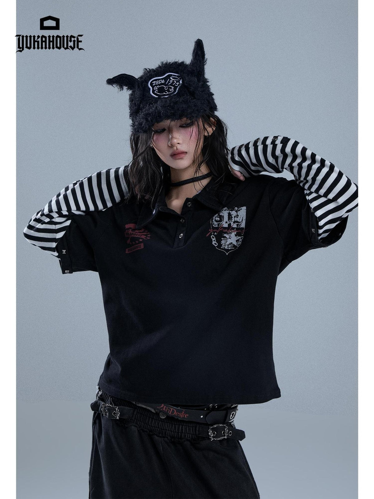 YUKAHOUSE Punk Y2k Skull Stripe Print Patchwork Removable Fur Collar Women's Cotton Long Sleeve T-shirts