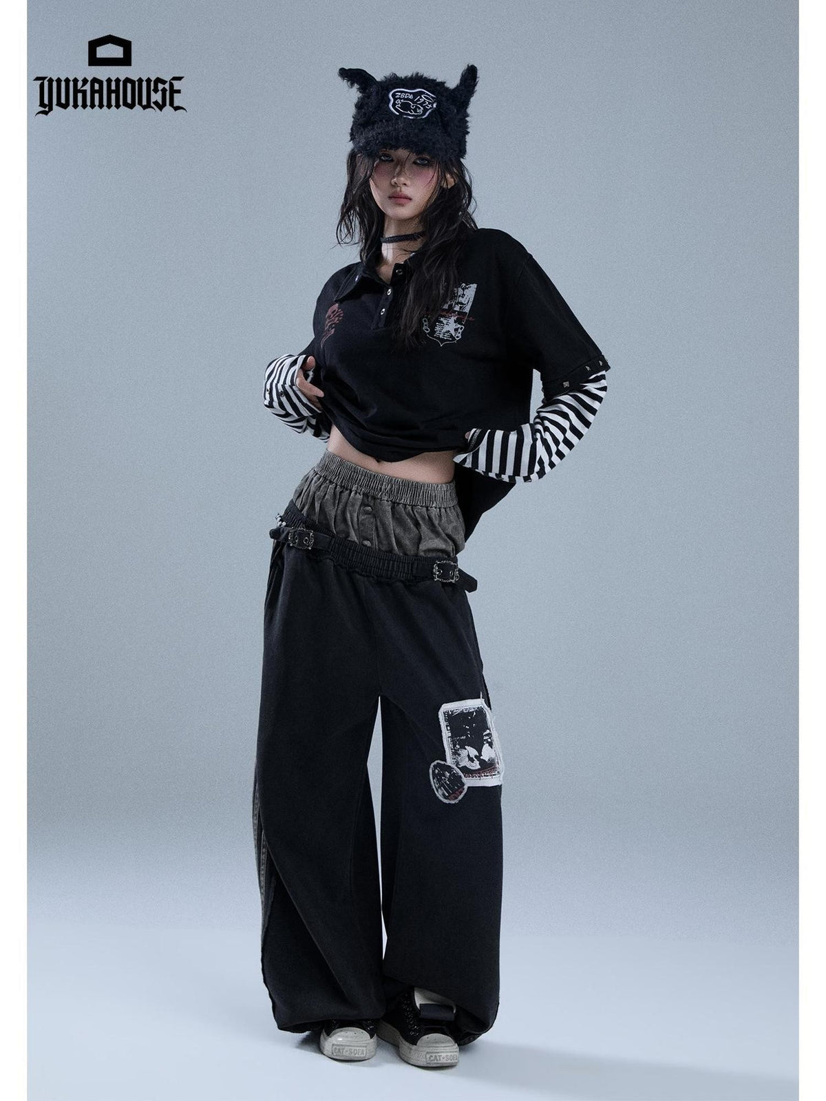 YUKAHOUSE Punk Y2k Skull Stripe Print Patchwork Removable Fur Collar Women's Cotton Long Sleeve T-shirts