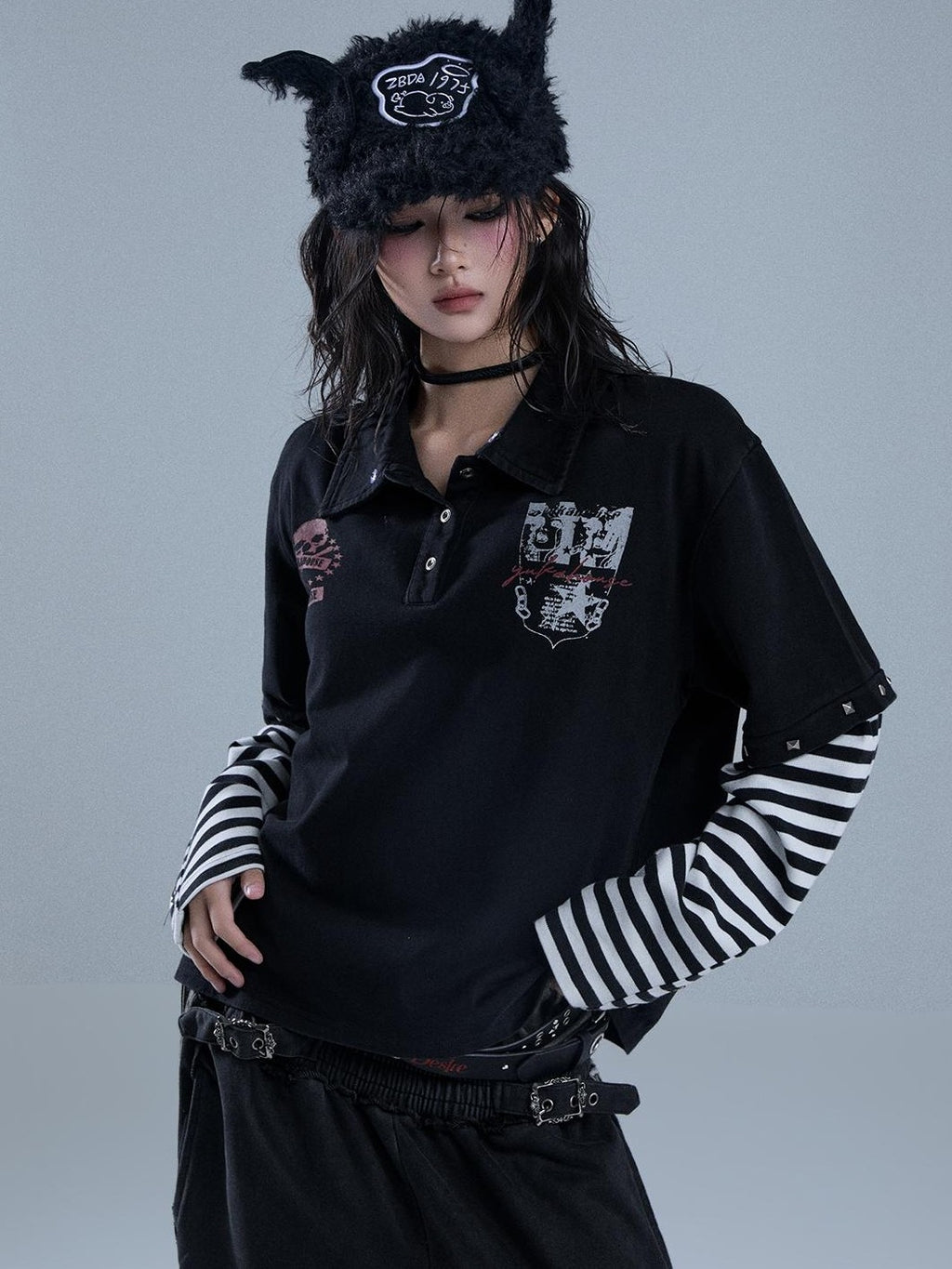 YUKAHOUSE Punk Y2k Skull Stripe Print Patchwork Removable Fur Collar Women's Cotton Long Sleeve T-shirts