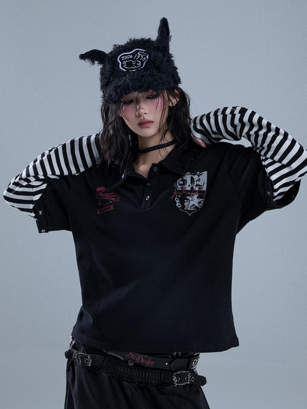 YUKAHOUSE Punk Y2k Skull Stripe Print Patchwork Removable Fur Collar Women's Cotton Long Sleeve T-shirts