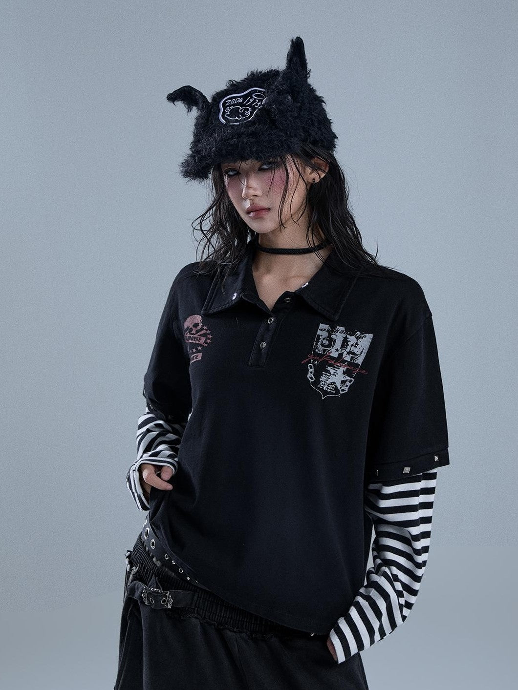 YUKAHOUSE Punk Y2k Skull Stripe Print Patchwork Removable Fur Collar Women's Cotton Long Sleeve T-shirts