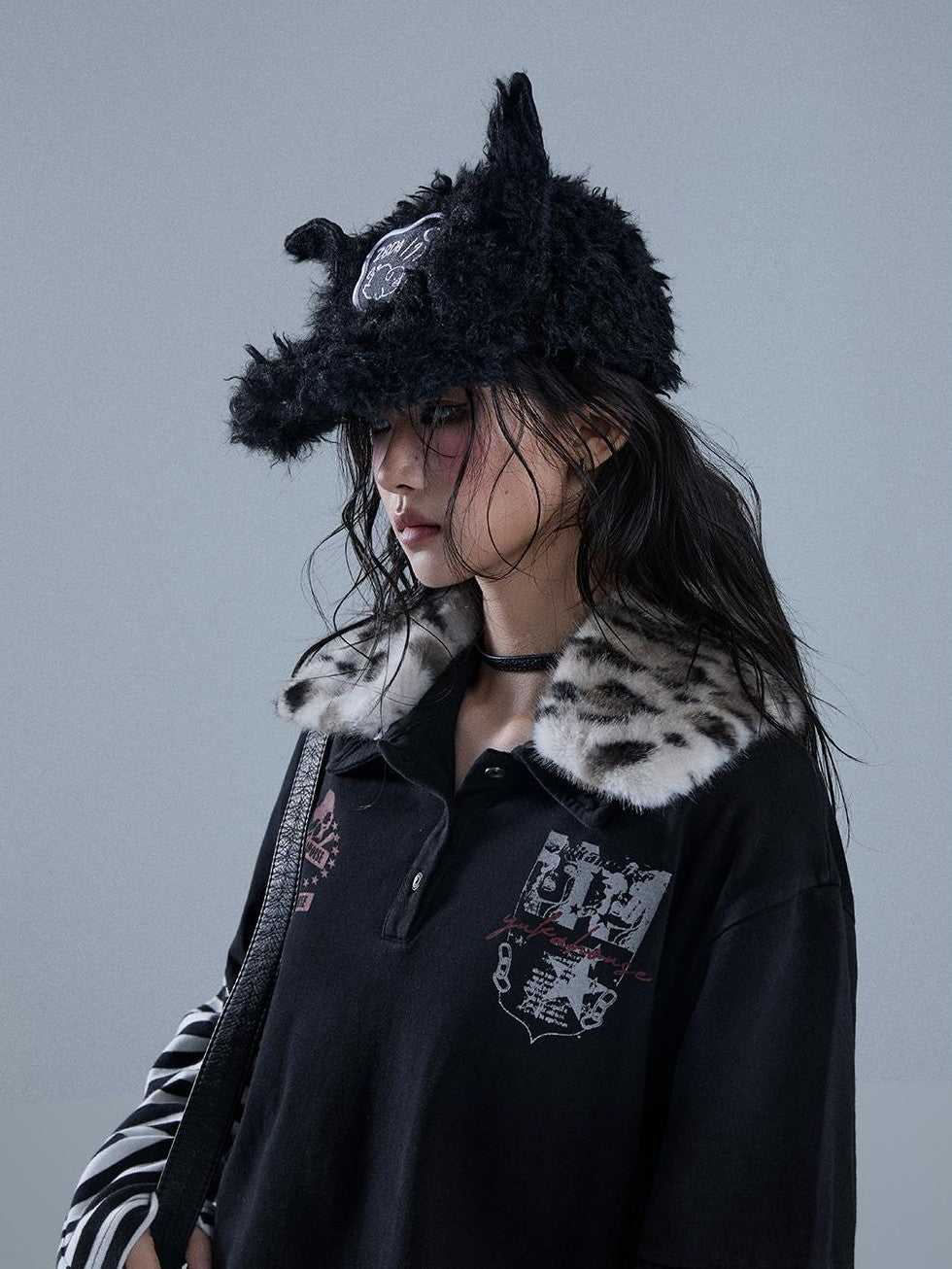 YUKAHOUSE Punk Y2k Skull Stripe Print Patchwork Removable Fur Collar Women's Cotton Long Sleeve T-shirts