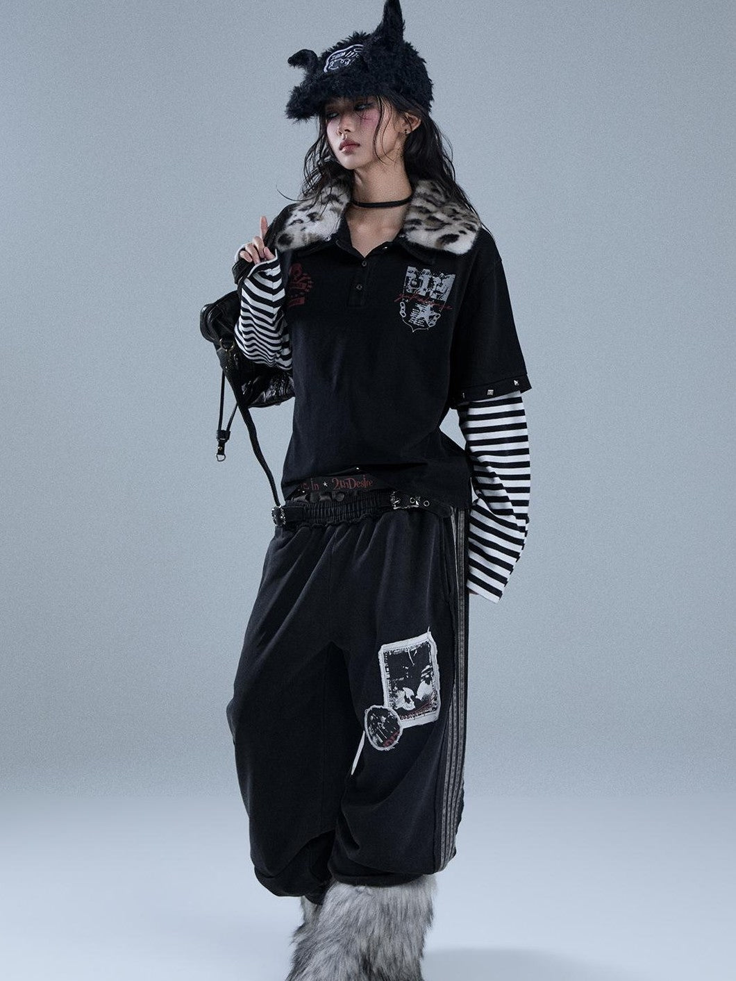 YUKAHOUSE Punk Y2k Skull Stripe Print Patchwork Removable Fur Collar Women's Cotton Long Sleeve T-shirts