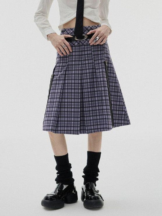 YUKAHOUSE Purple Plaid High Waist A Line Zipper Women's Acrylic Blend Midi Skirts