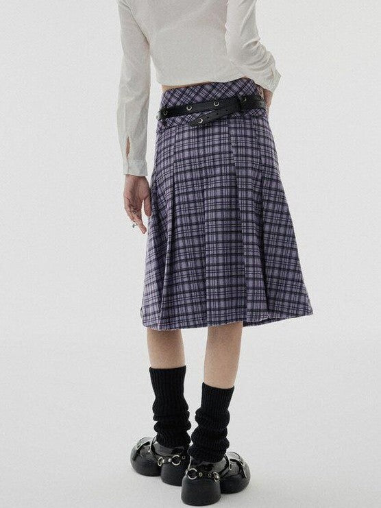 YUKAHOUSE Purple Plaid High Waist A Line Zipper Women's Acrylic Blend Midi Skirts