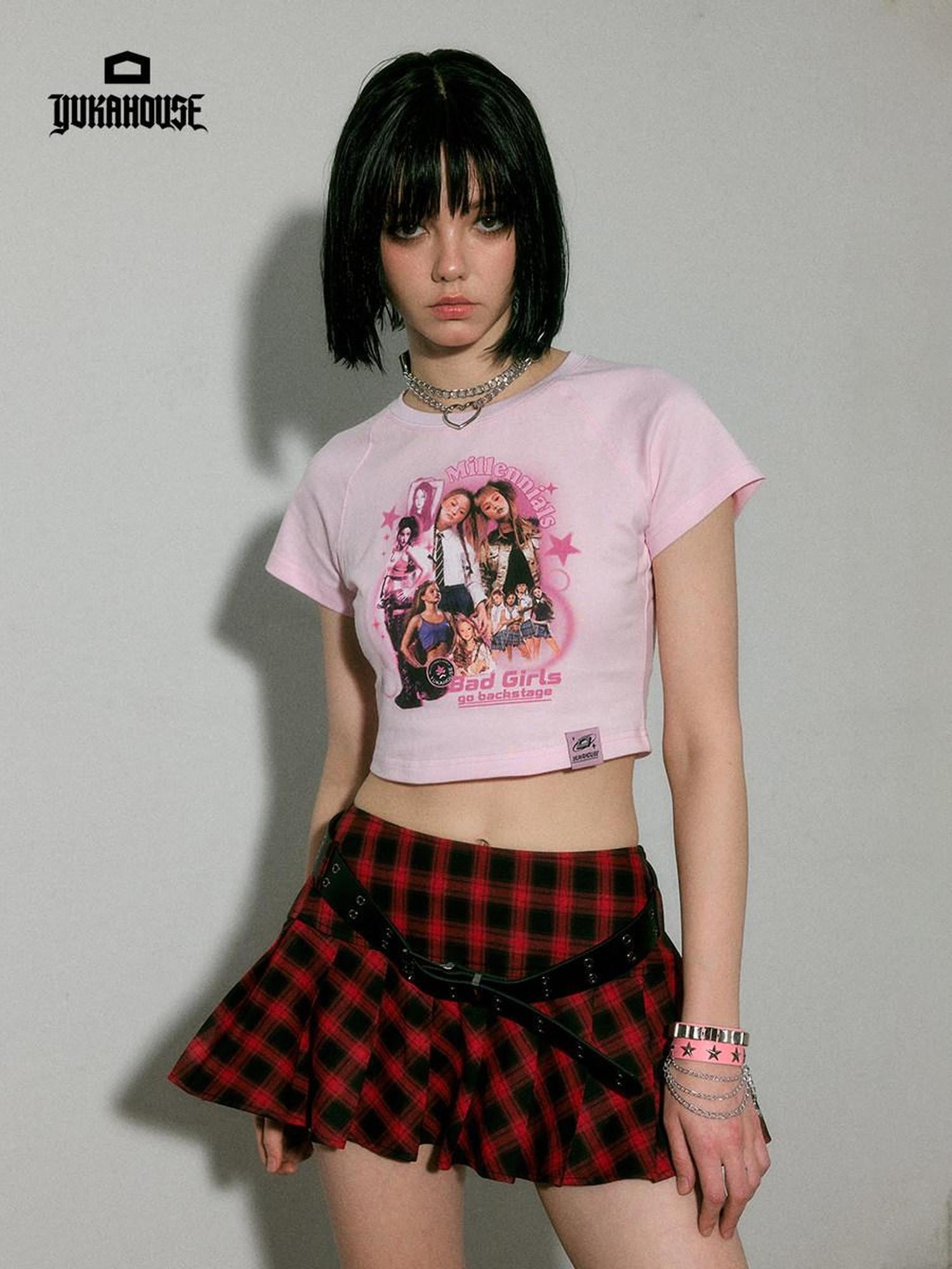 YUKAHOUSE Red Black Plaid Pleated Mid Waist Women's Cotton A-line Skirts