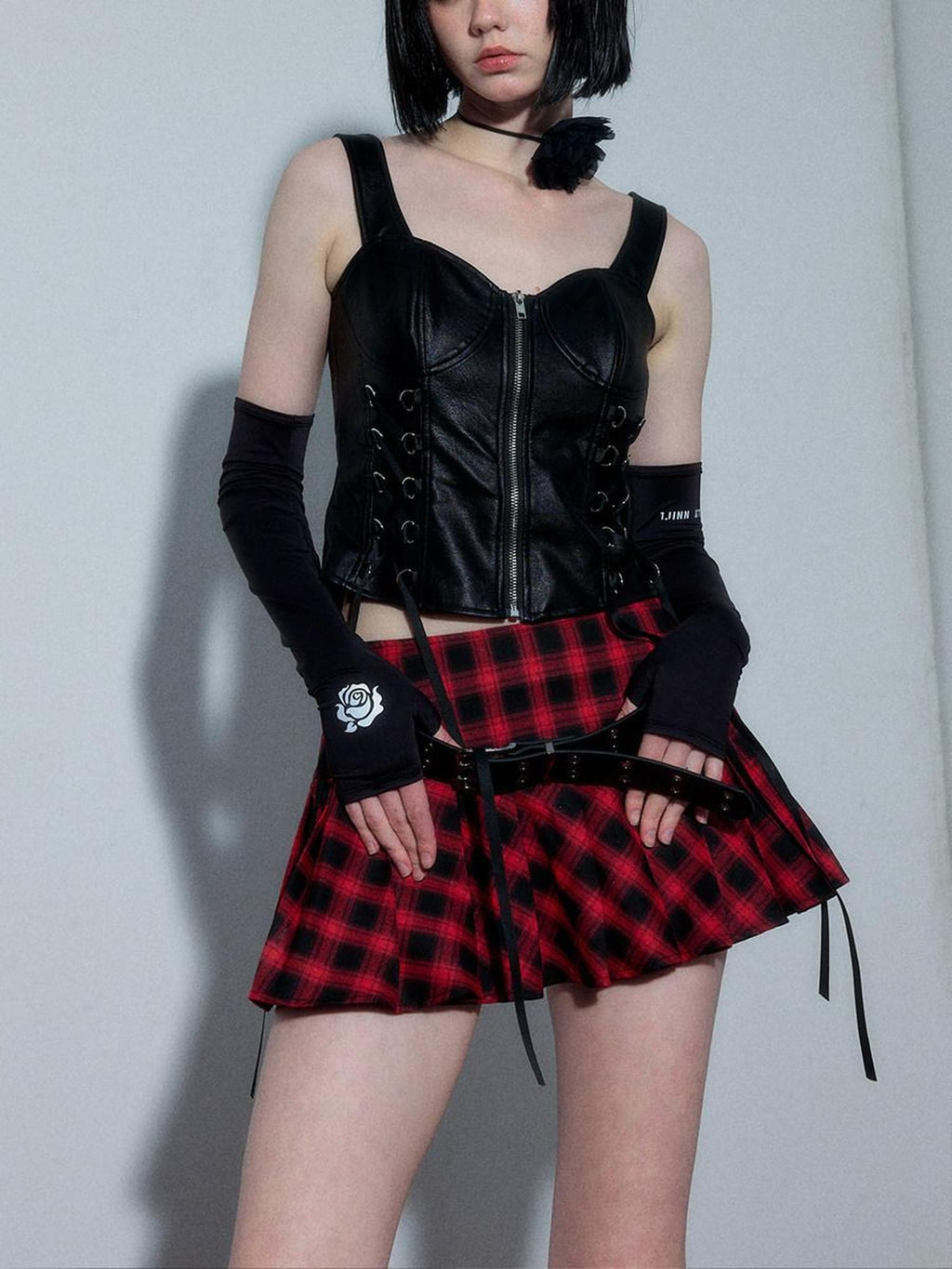 YUKAHOUSE Red Black Plaid Pleated Mid Waist Women's Cotton A-line Skirts