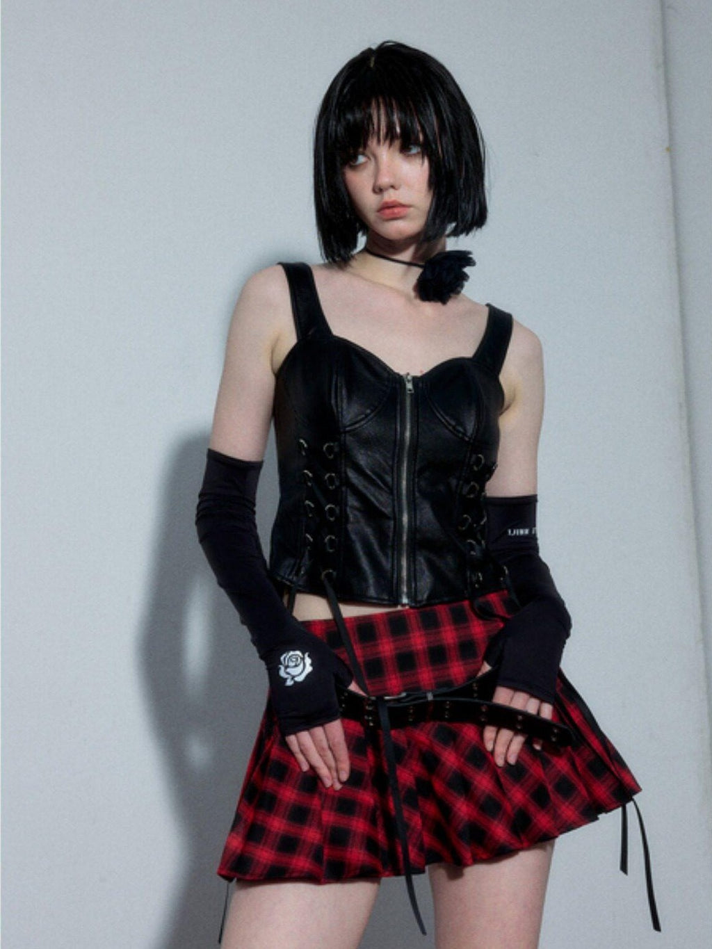 YUKAHOUSE Red Black Plaid Pleated Mid Waist Women's Cotton A-line Skirts