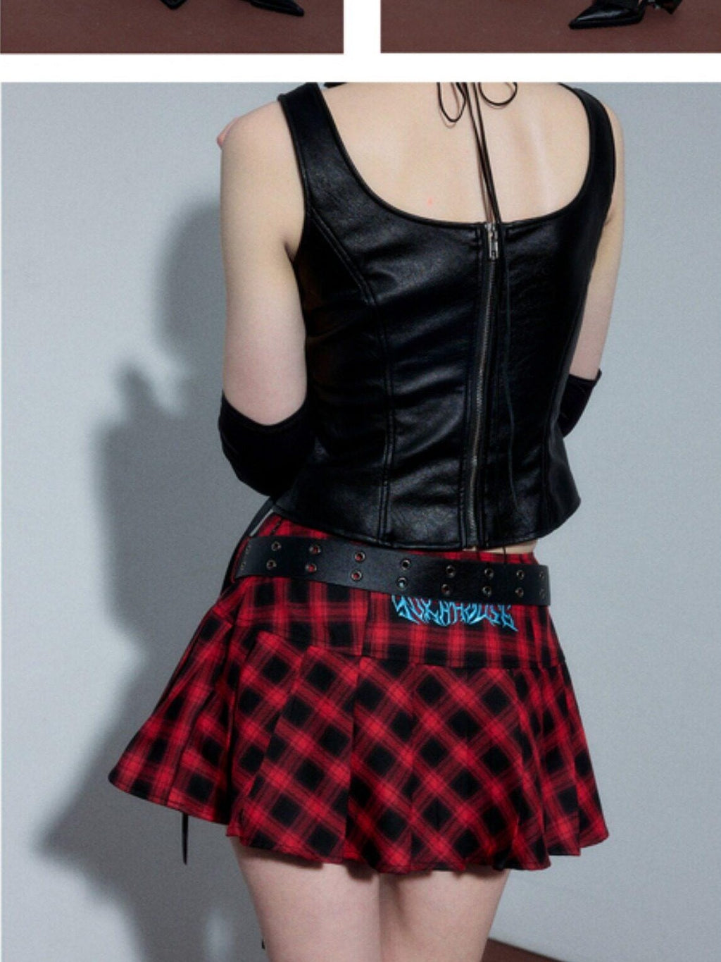 YUKAHOUSE Red Black Plaid Pleated Mid Waist Women's Cotton A-line Skirts