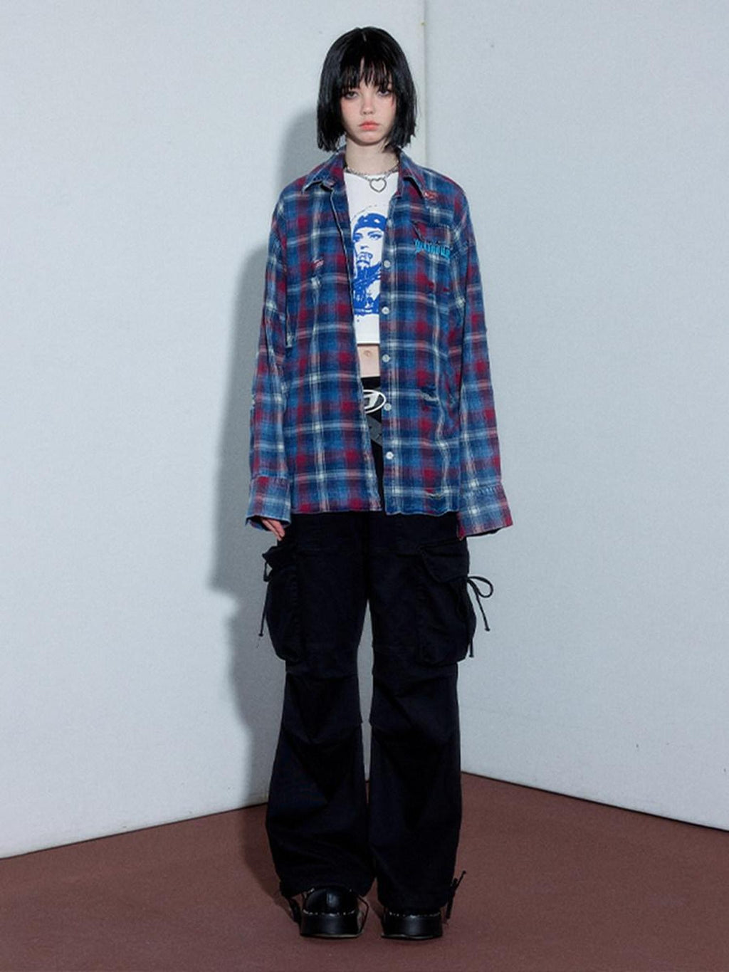 YUKAHOUSE Red Blue Plaid Polo Collar Button Long Sleeve Loose Women's Cotton Shirt Jackets