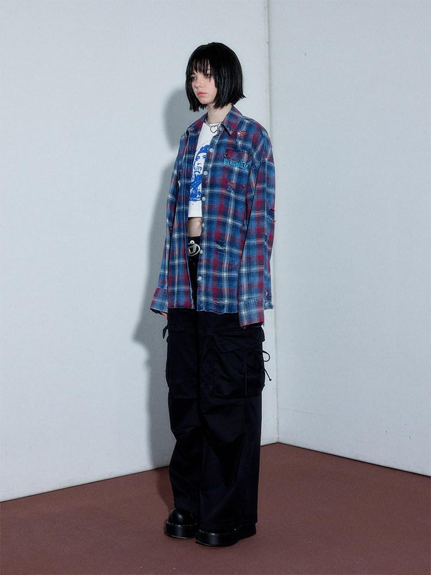 YUKAHOUSE Red Blue Plaid Polo Collar Button Long Sleeve Loose Women's Cotton Shirt Jackets