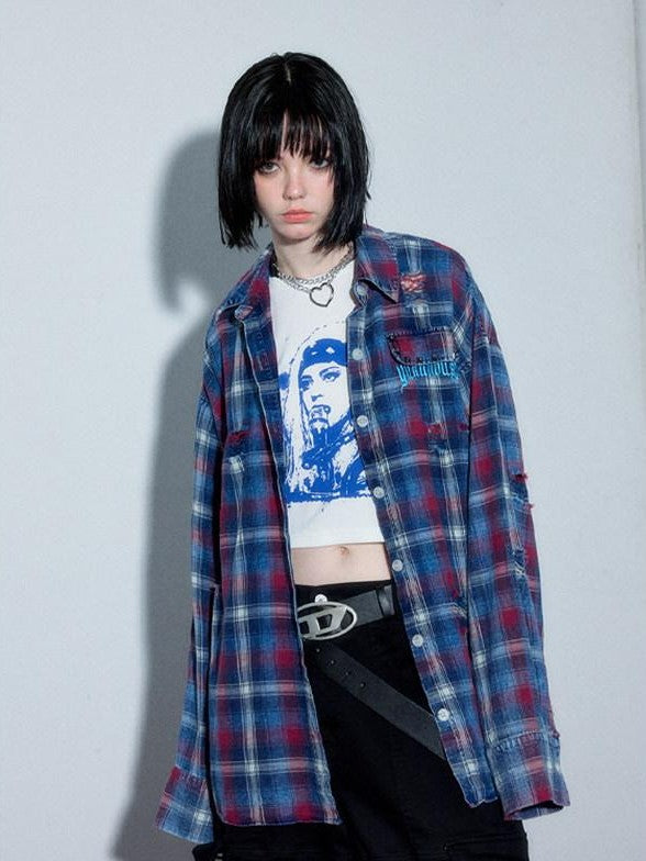 YUKAHOUSE Red Blue Plaid Polo Collar Button Long Sleeve Loose Women's Cotton Shirt Jackets
