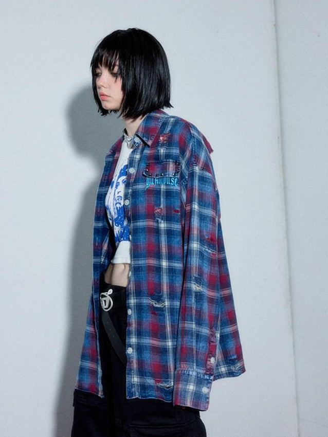 YUKAHOUSE Red Blue Plaid Polo Collar Button Long Sleeve Loose Women's Cotton Shirt Jackets