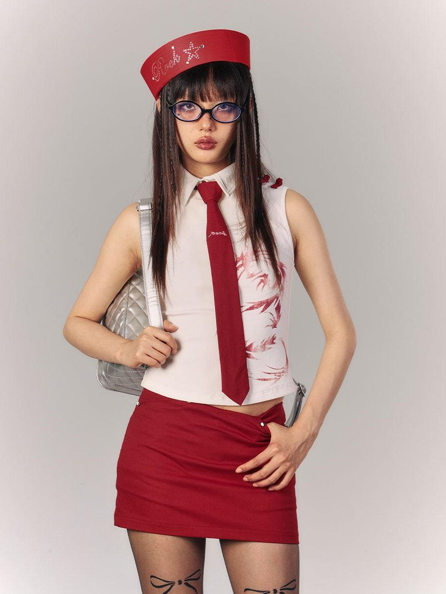 YUKAHOUSE Red Tie Free Jk Academy Preppy American Easy Wear Women's Shirts