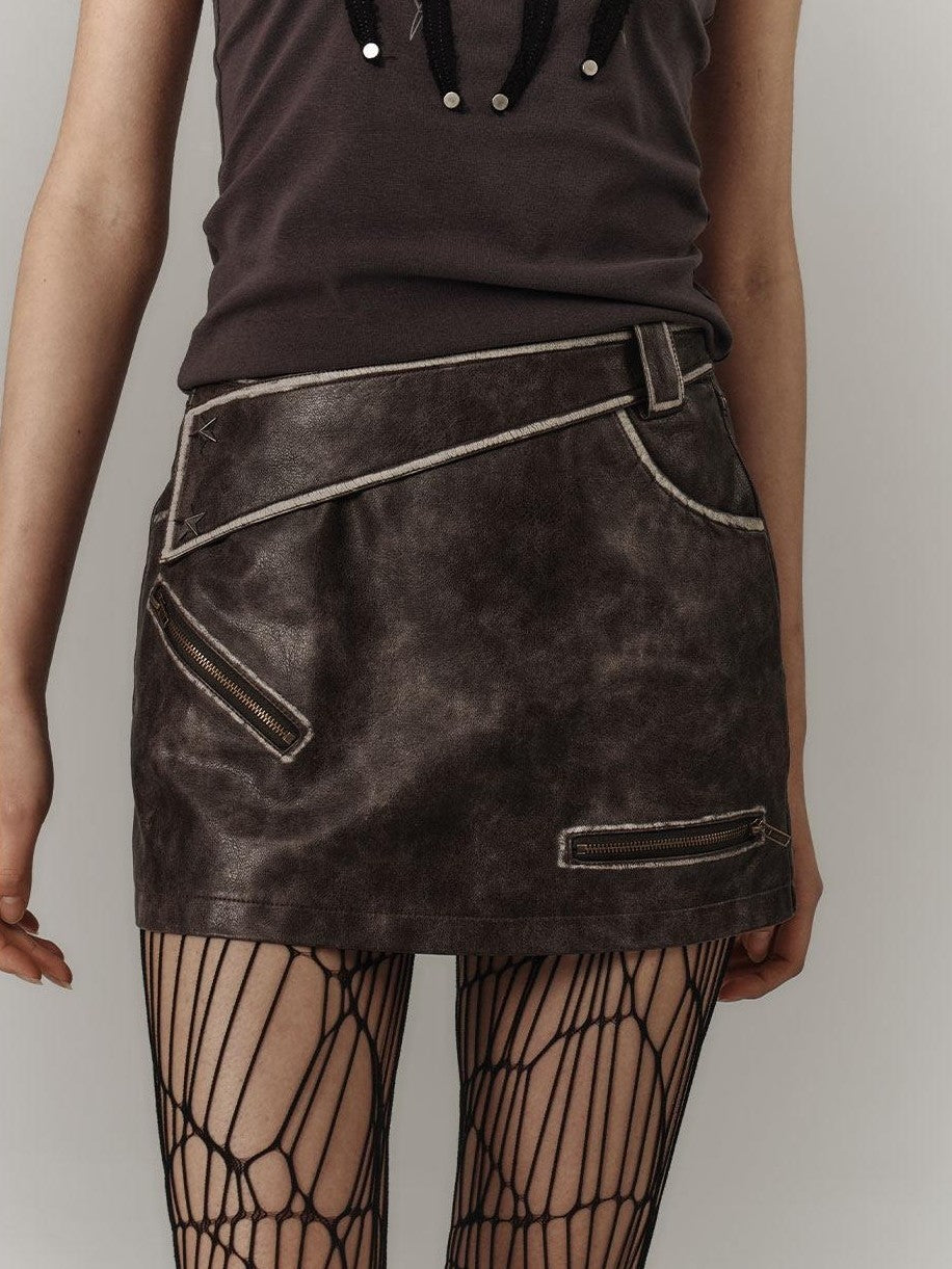 YUKAHOUSE Retro A Line High Waisted Distressed Fitted Women's Pu Mini Skirts