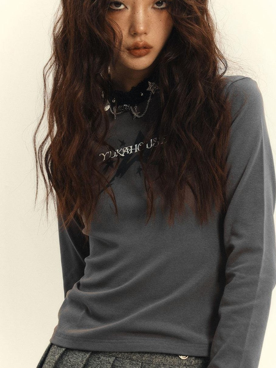 YUKAHOUSE Retro Mock Neck Print Slim Women's Cotton Stretch Long Sleeve T-shirts