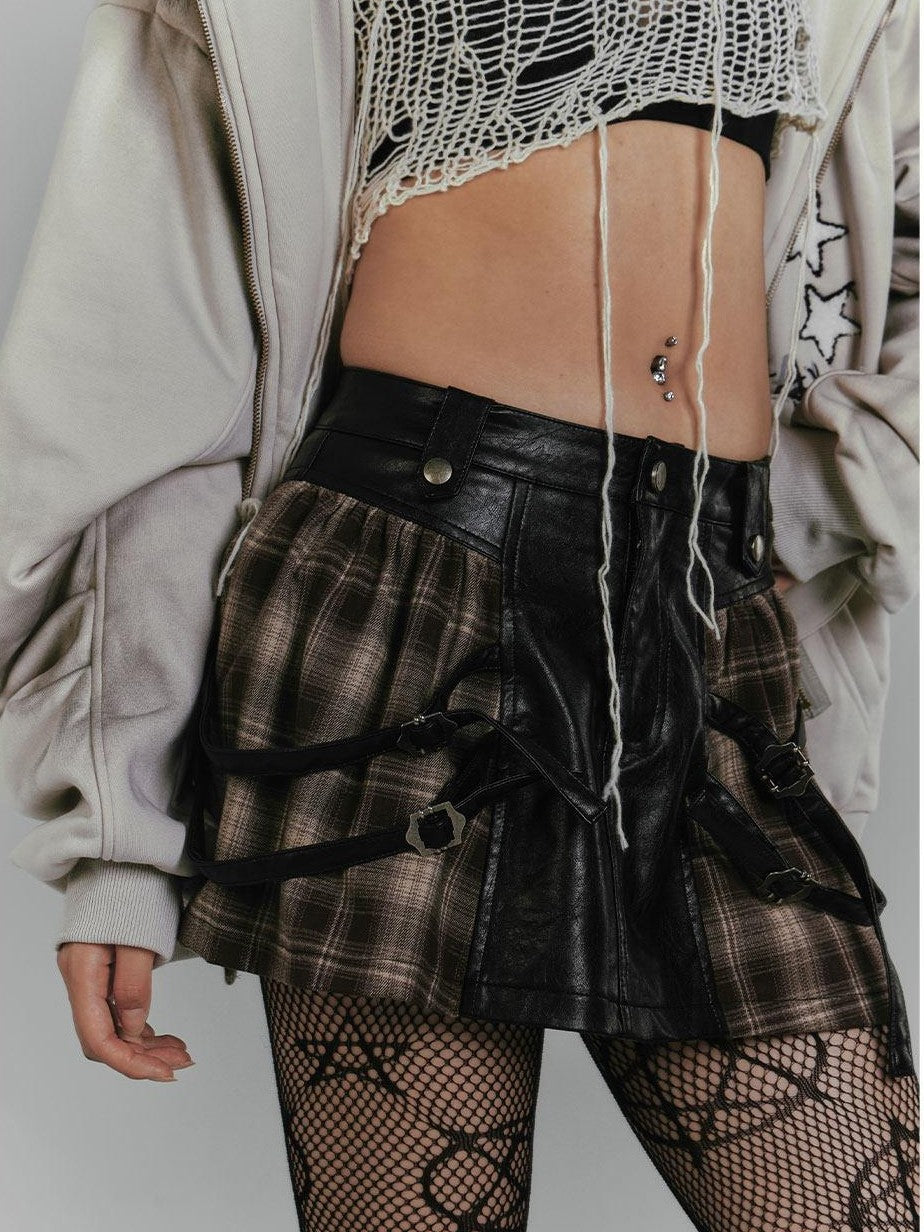 YUKAHOUSE Retro Punk Plaid Leather Patchwork Women's Polyester Mini Skirts