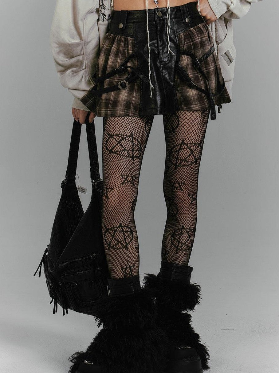 YUKAHOUSE Retro Punk Plaid Leather Patchwork Women's Polyester Mini Skirts