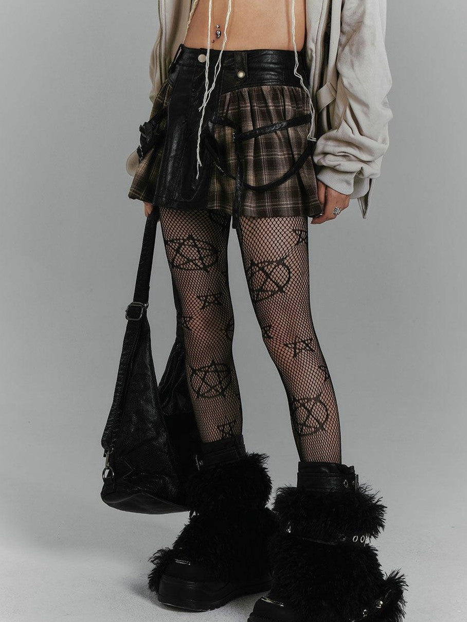 YUKAHOUSE Retro Punk Plaid Leather Patchwork Women's Polyester Mini Skirts