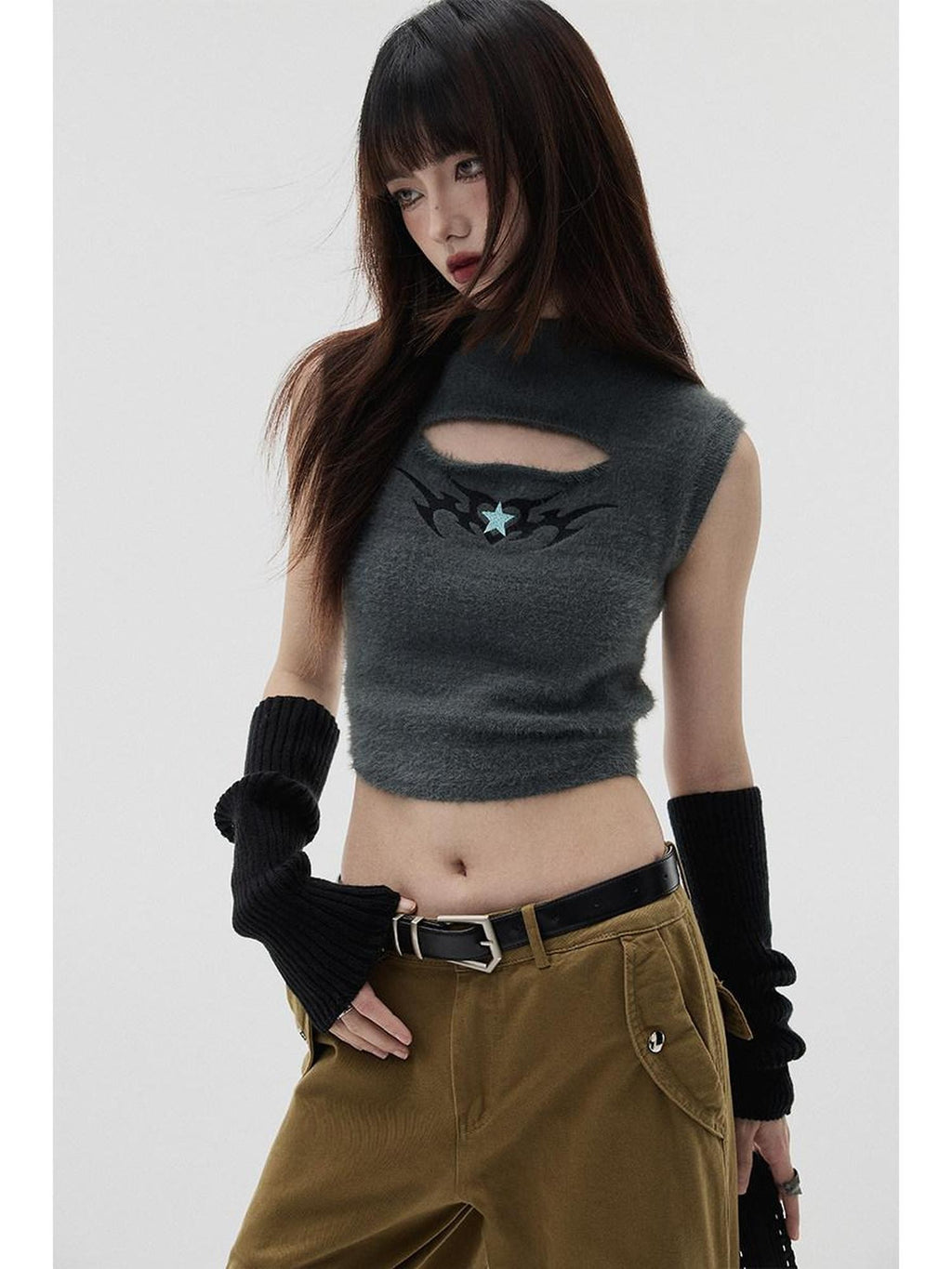YUKAHOUSE Shoulder Cutout Star Embroidery Abstract Print Women's Mink Knit Tank Tops