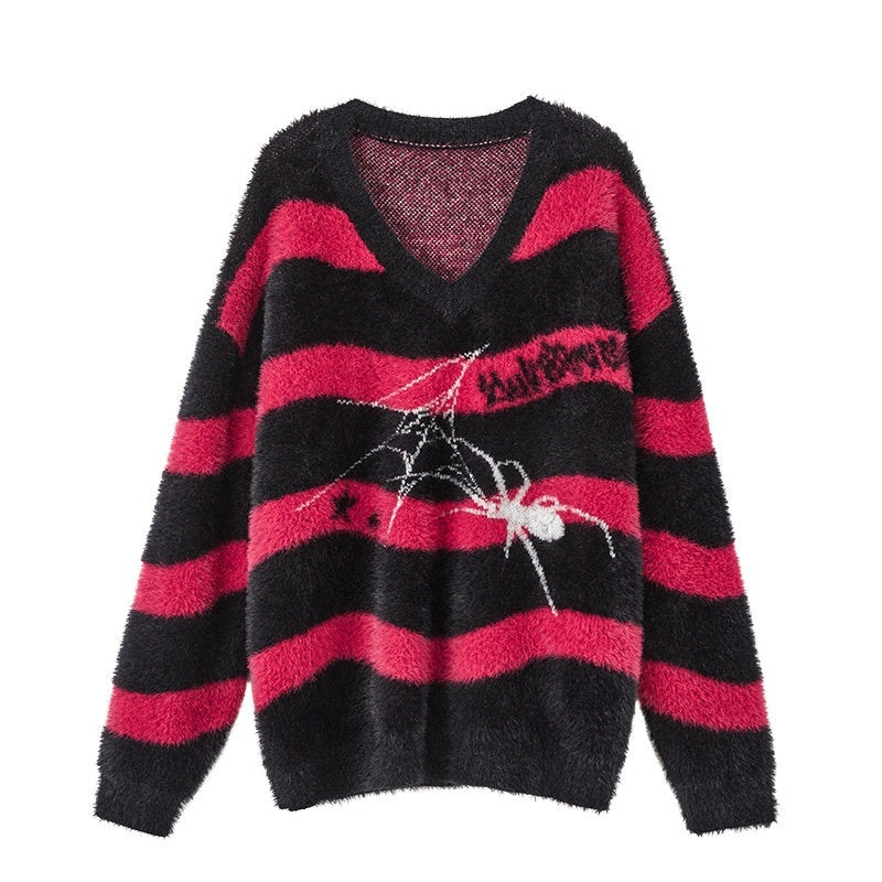 YUKAHOUSE_Spider_Striped_V-neck_Vintage_Punk_Loose_Women's_Polyamide_Blend_Sweaters_835769755396_MISSTT