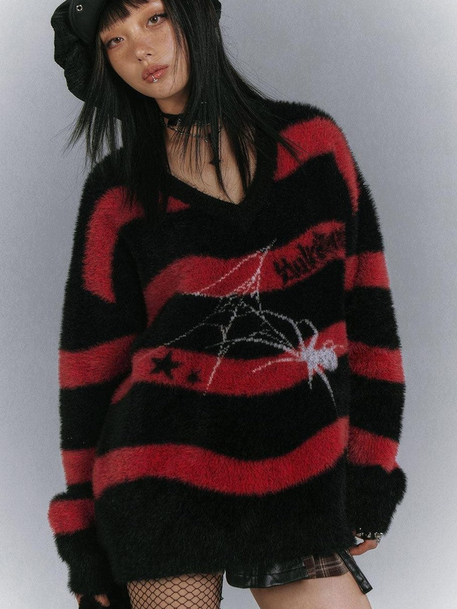 YUKAHOUSE Spider Striped V-neck Vintage Punk Loose Women's Polyamide Blend Sweaters